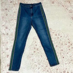 H&M Divided skinny blue high rise waisted denim green stripes ankle jeans